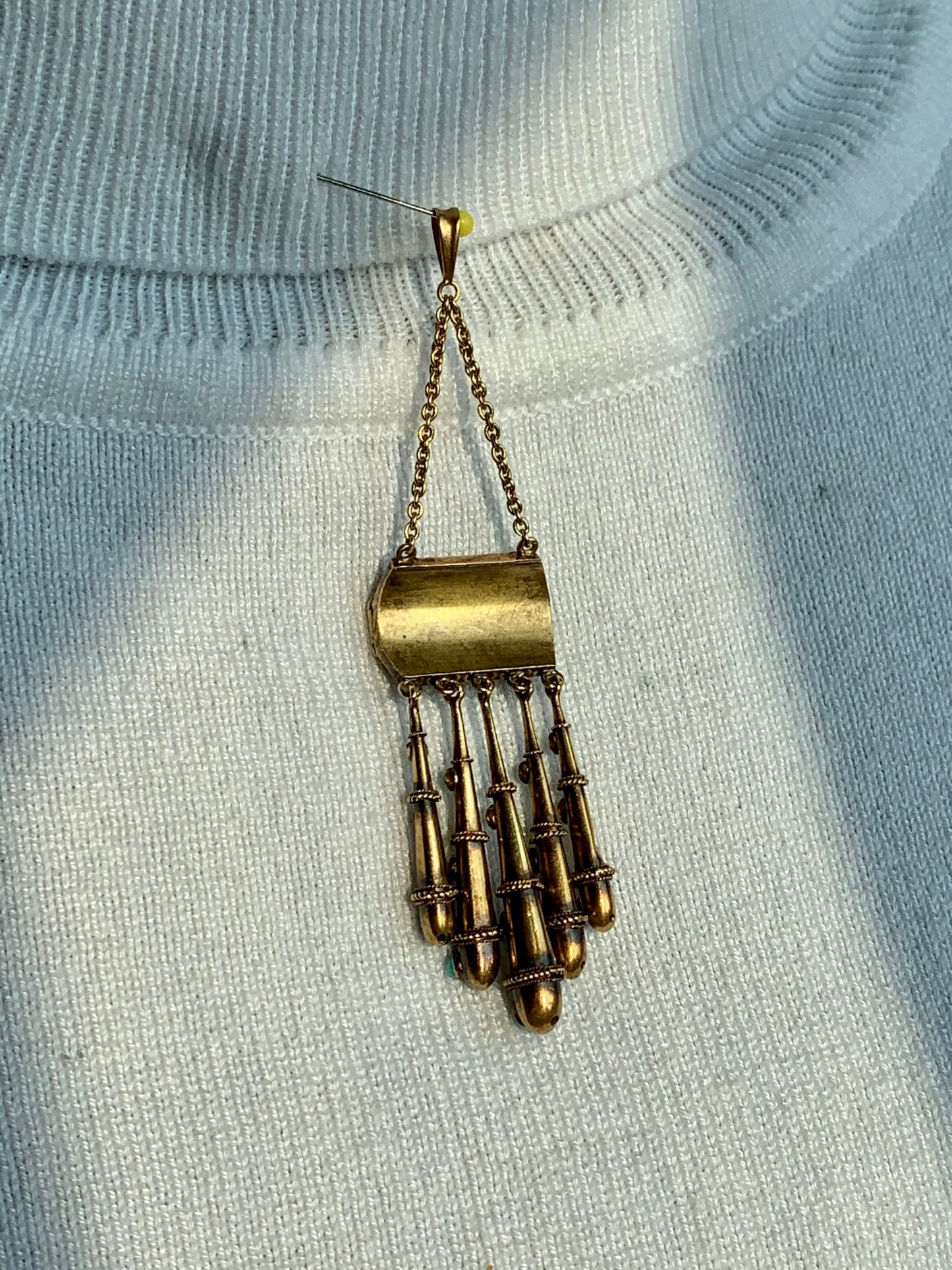 c1870 Victorian 14K Yellow Gold Turquoise and White Enamel Dangle Pendant