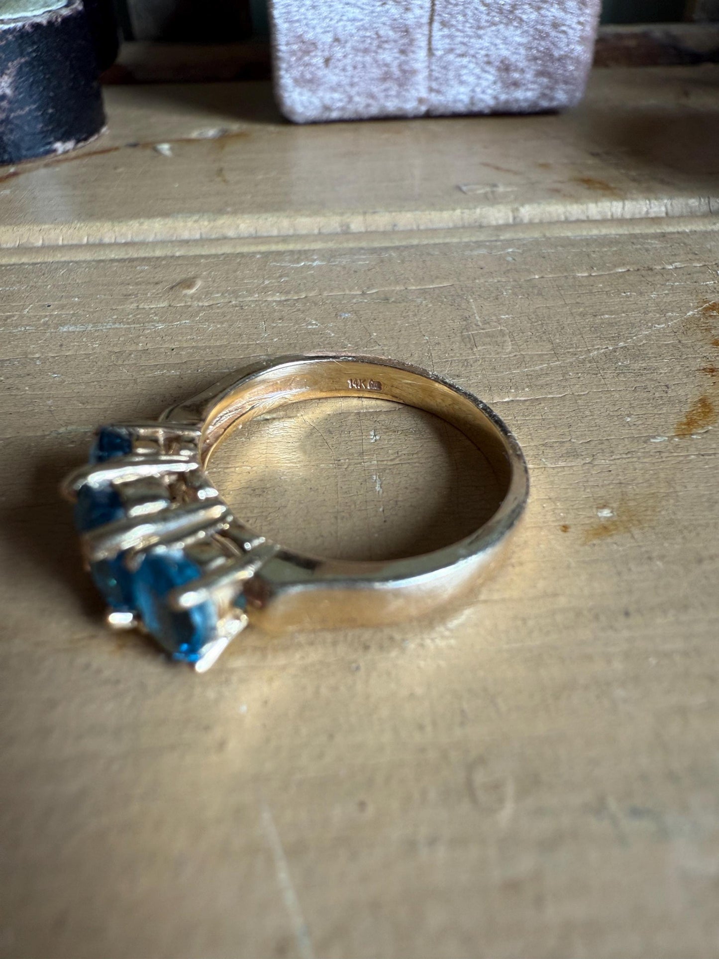 14K Yellow Gold Three Oval Cut London Blue Topaz Ring