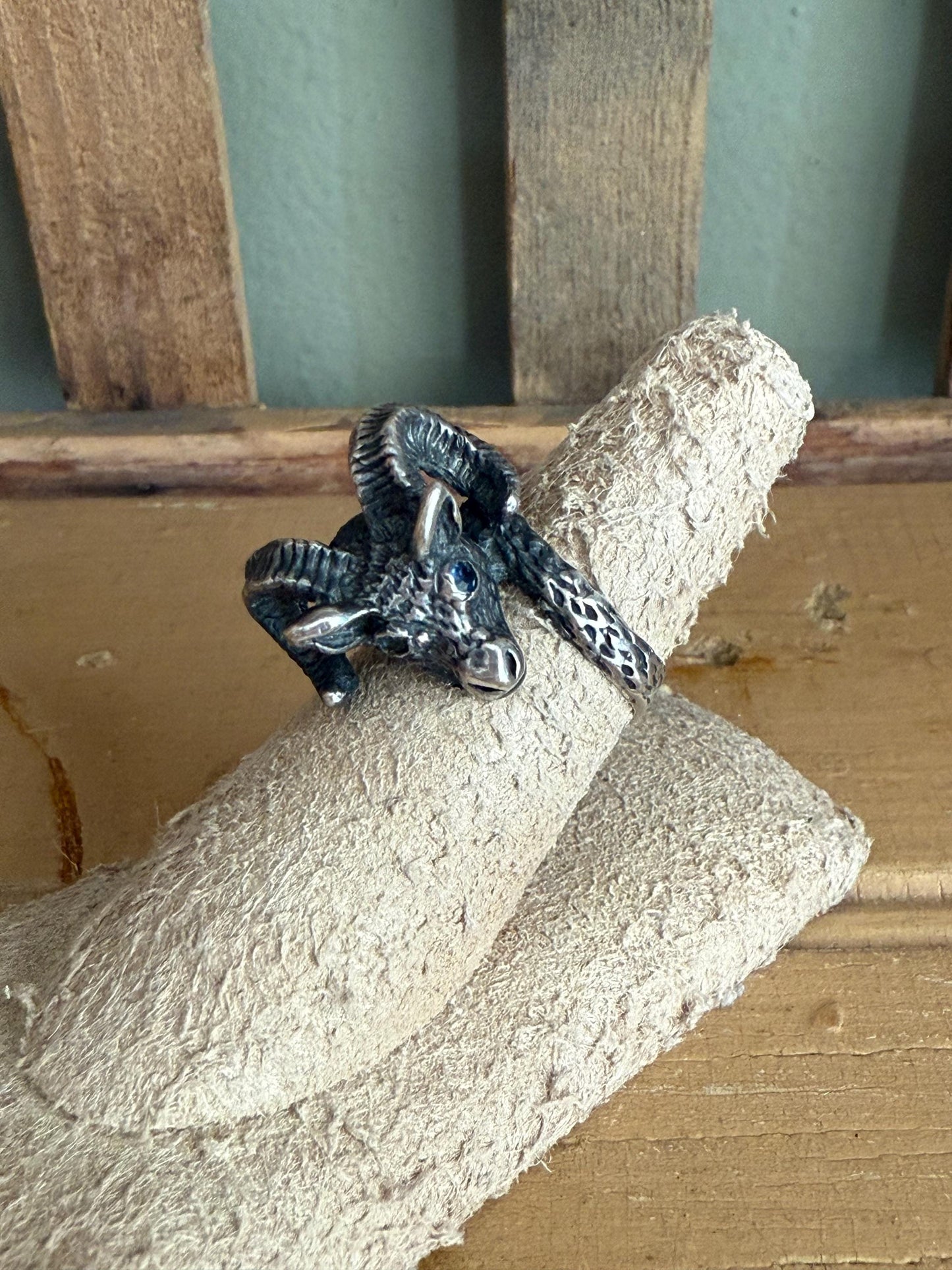 Vintage Solid Sterling Silver Ram Ring with Blue Eyes 1960-1970