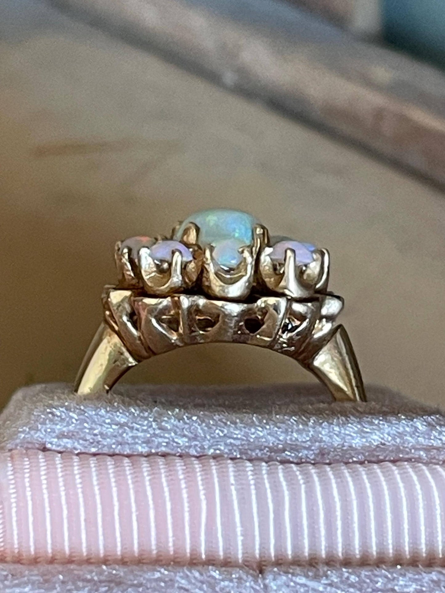 Vintage c1970 14K Yellow Gold Opal and Black Enamel Ring Victorian Revival