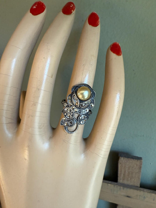 Sterling Silver c1920-1930 Art Deco Marcasite Pearl Rose Ring