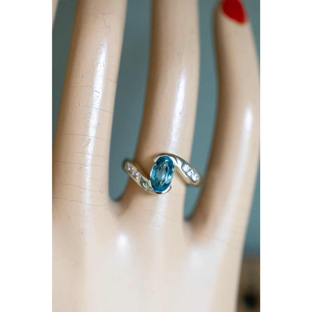 Handmade Vintage 14K White Gold Aquamarine and Diamond Ring