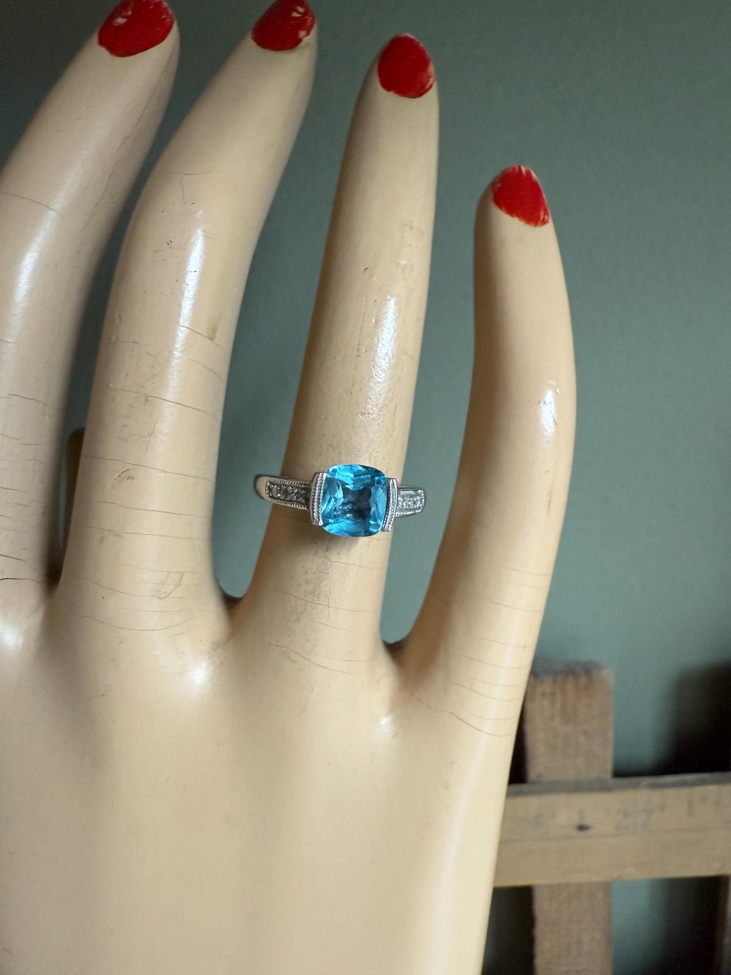 Vintage 10K White Gold Cushion Cut Blue Topaz and Diamond Ring