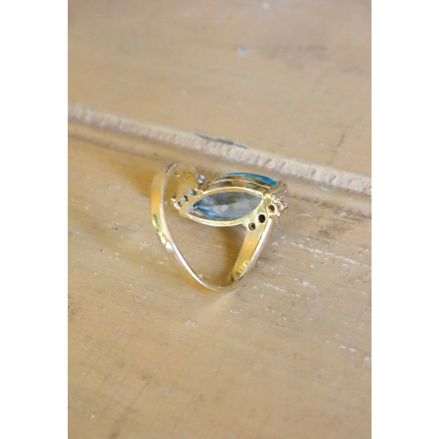 Vintage 10K Yellow Gold Marquis Cut Blue Topaz and Diamond Ring