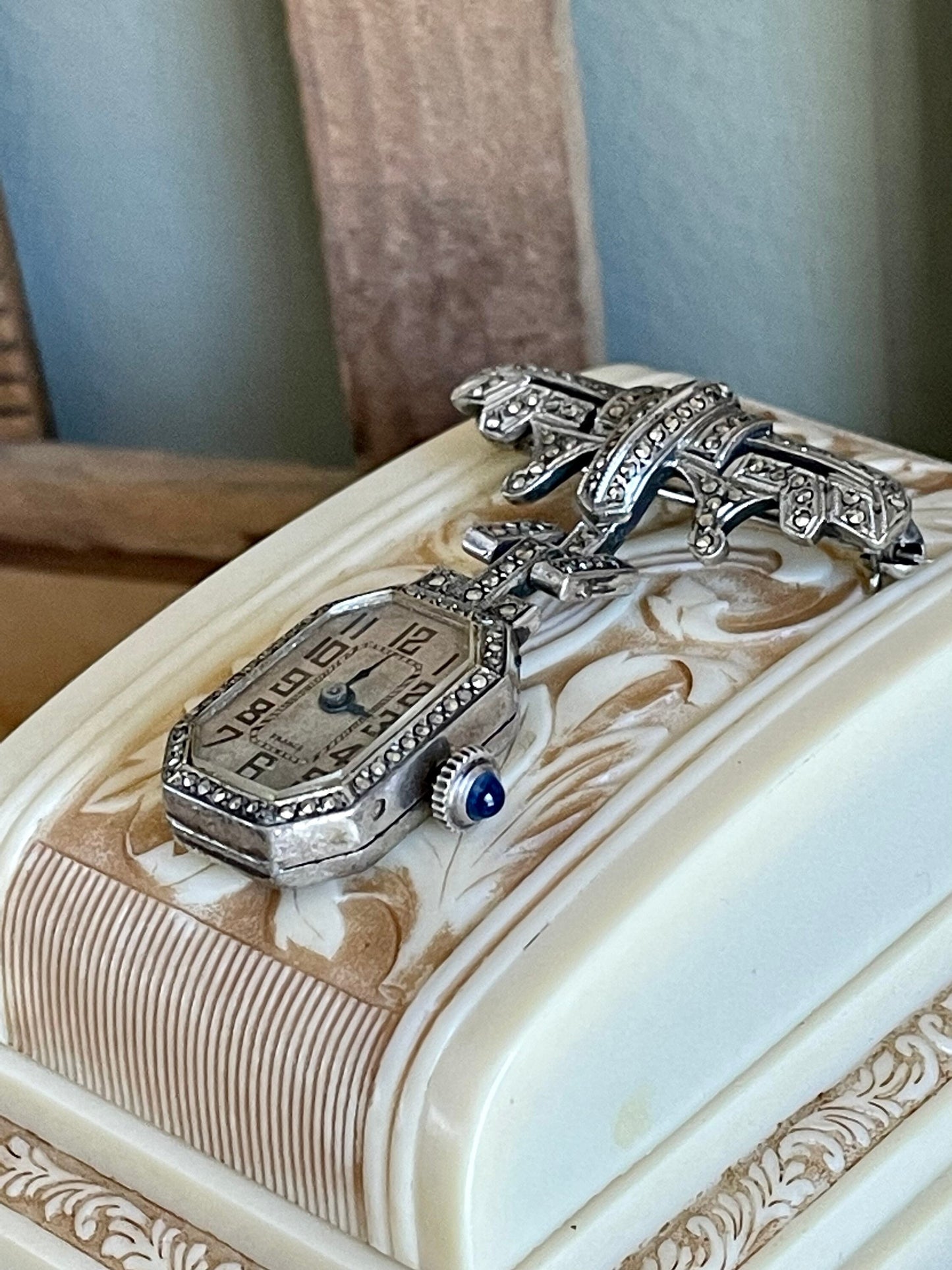 800 Silver Marcasite French Art Deco 1920 Watch Brooch