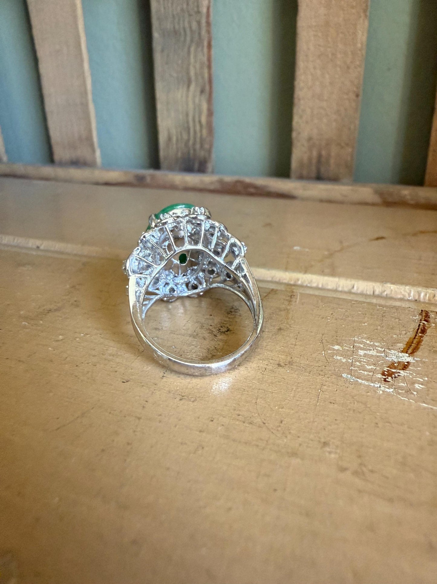 A GIA Certified Natural 8 Carat Plus Jadeite Jade Set in 14K White Gold Diamond Ring