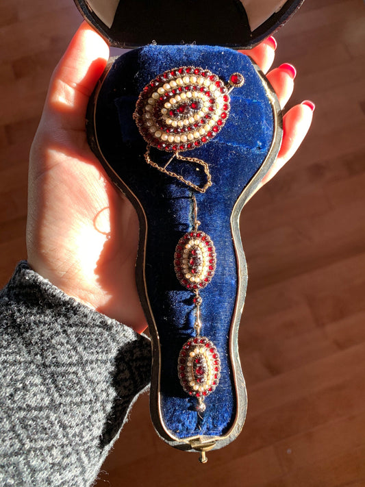 SALE 14K Late Victorian Bohemian Cut Garnet and Pearl Brooch and Matching Earrings