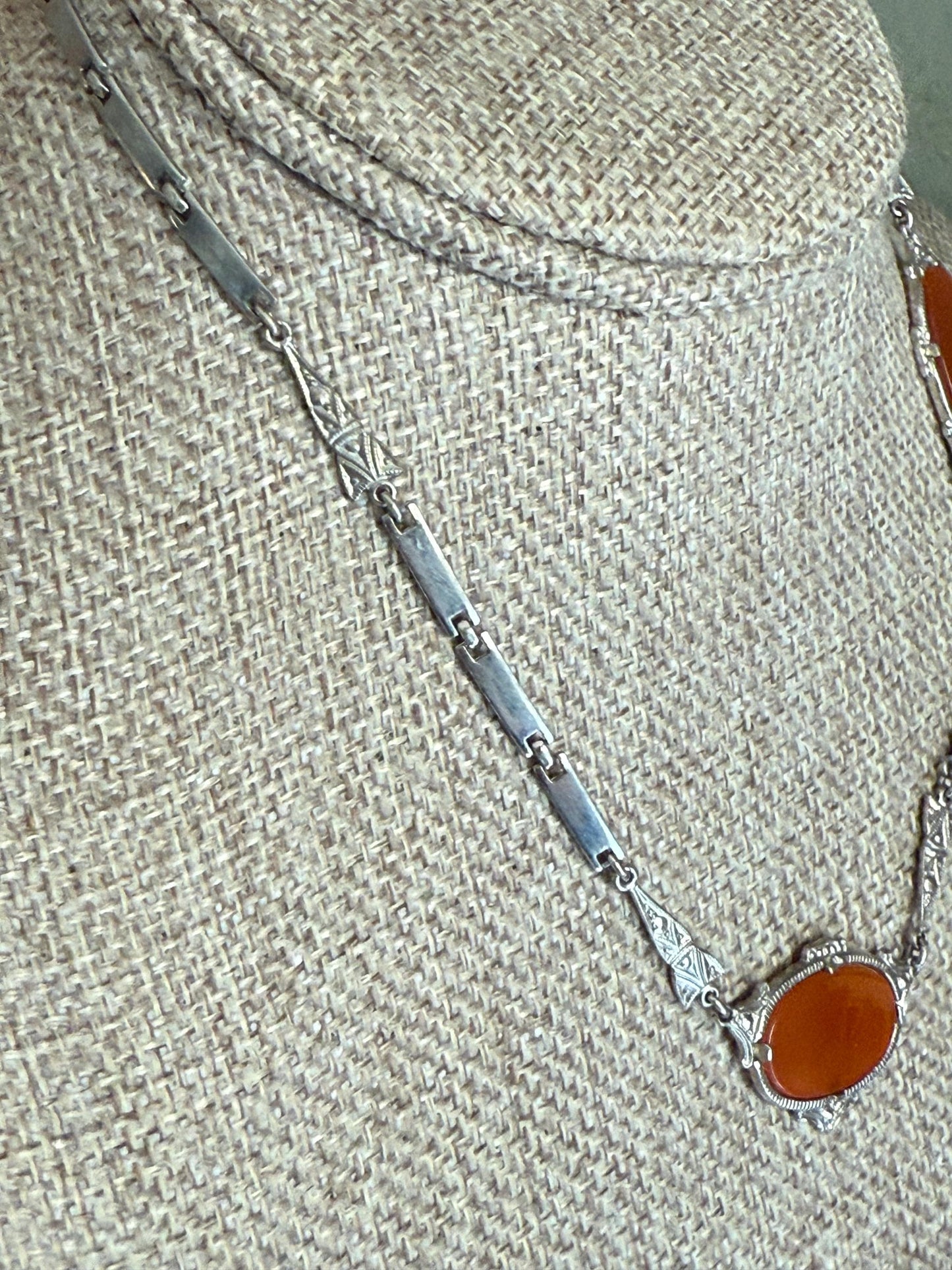 1930 Art Deco German Rhodium Plated Carnelian Glass Necklace Bracelet Set