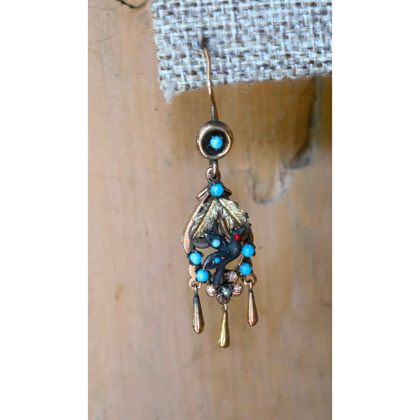 Antique 8-9K Tri Color Gold Mexican Made Bird Motif Dangle Earrings