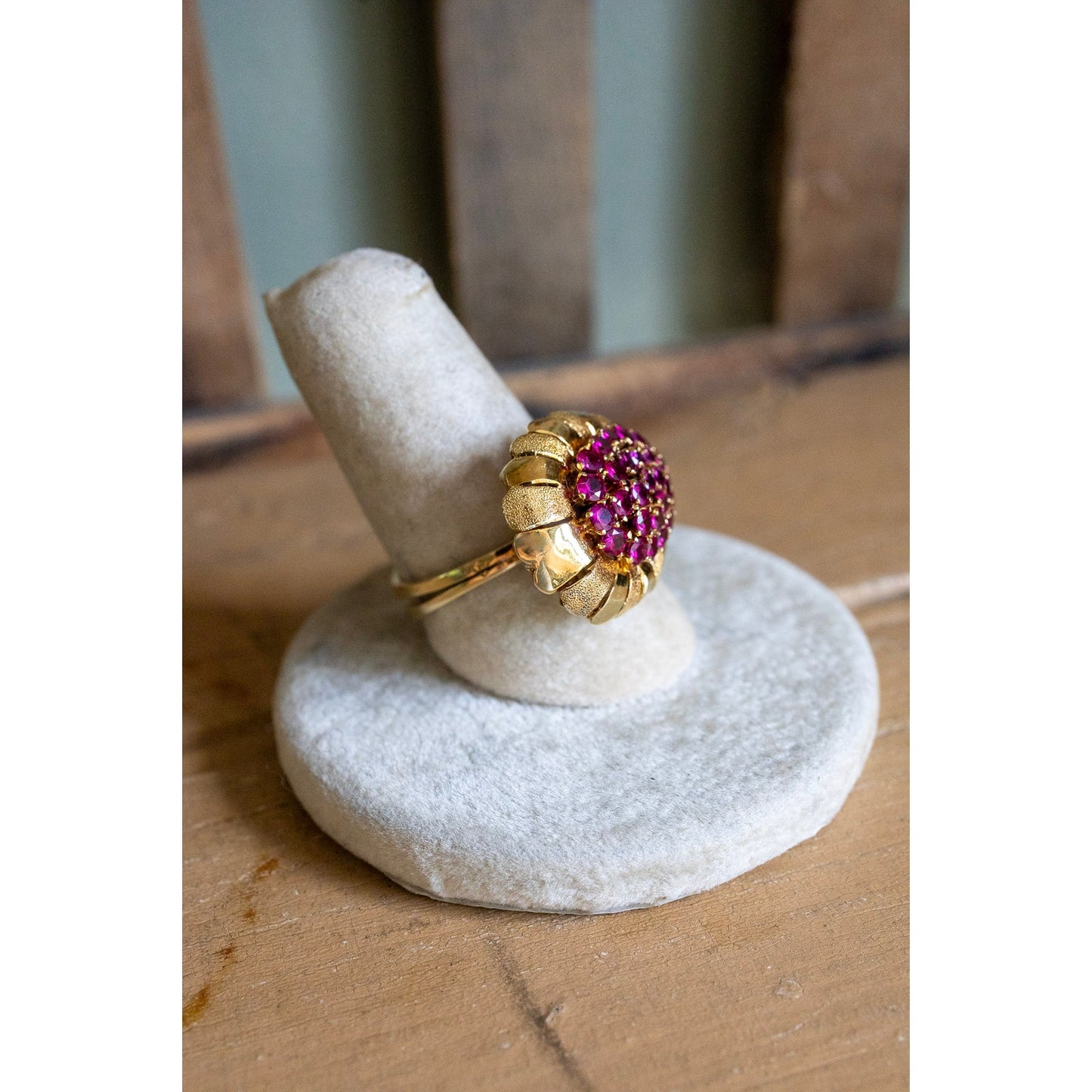 Mid Century 1950's 18K Yellow Gold Ruby Set Cocktail Ring