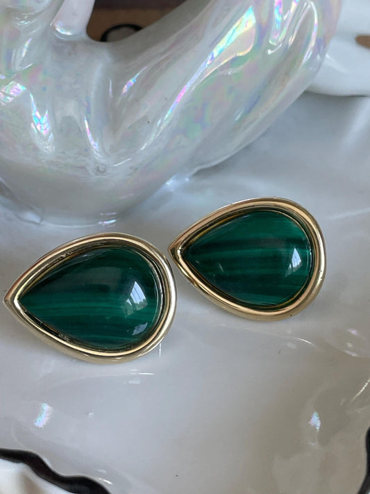 Vintage 1980's 14K Yellow Gold Tear-Shaped Malachite Earrings