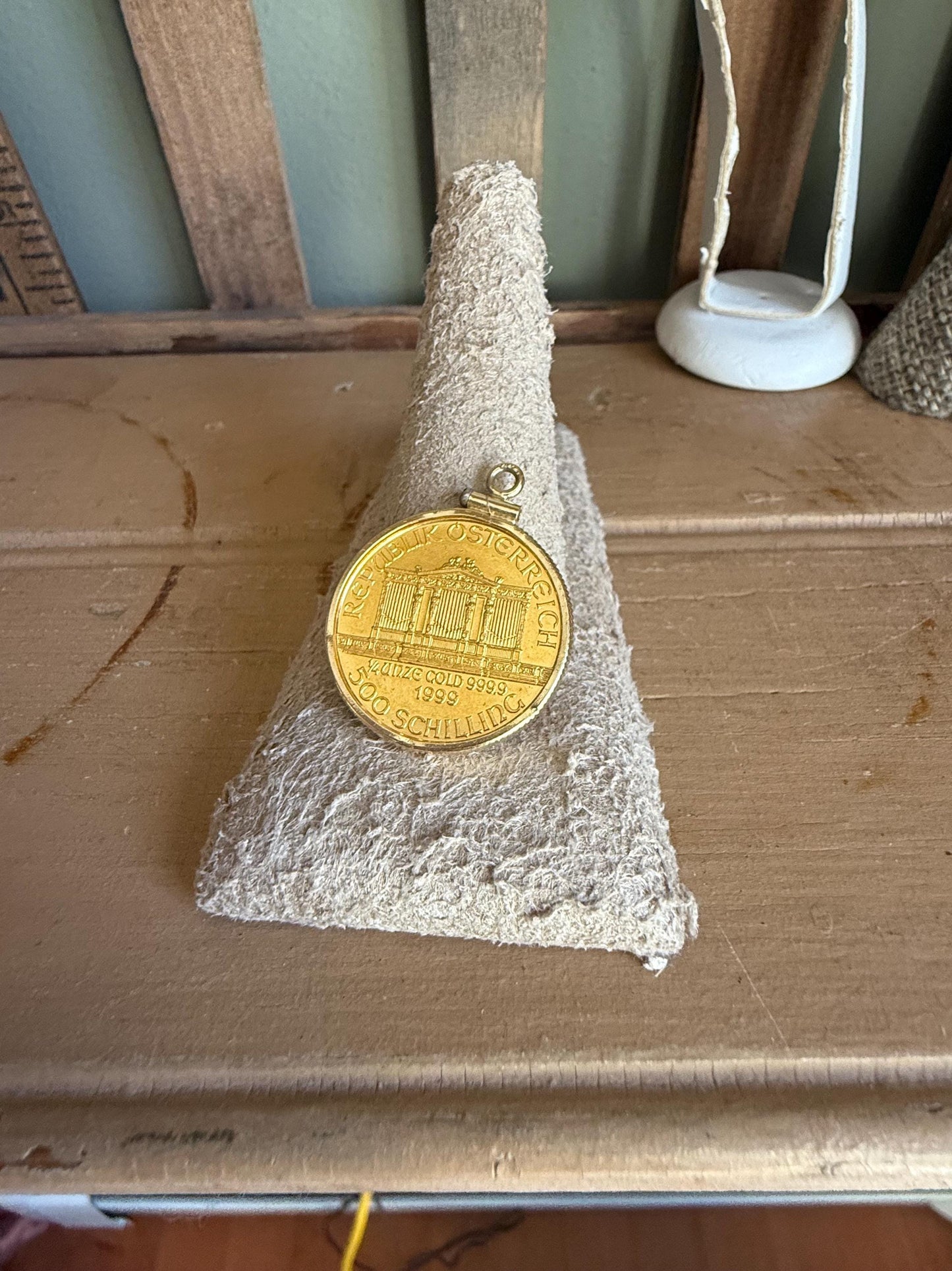 1999 1/4oz Austrian Gold Philharmonic Coin in 14K Yellow Gold Pendant