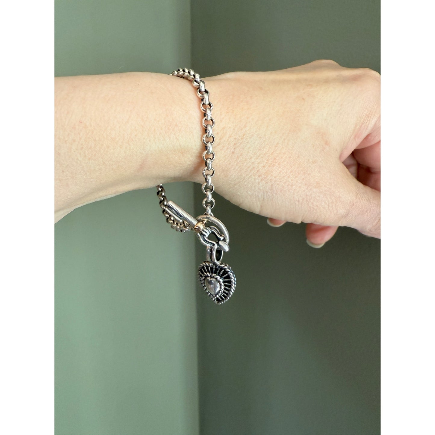 Vintage Ross Simons Sterling Silver and 14K Garnet Set Heart Charm Bracelets with Arrow Clasp