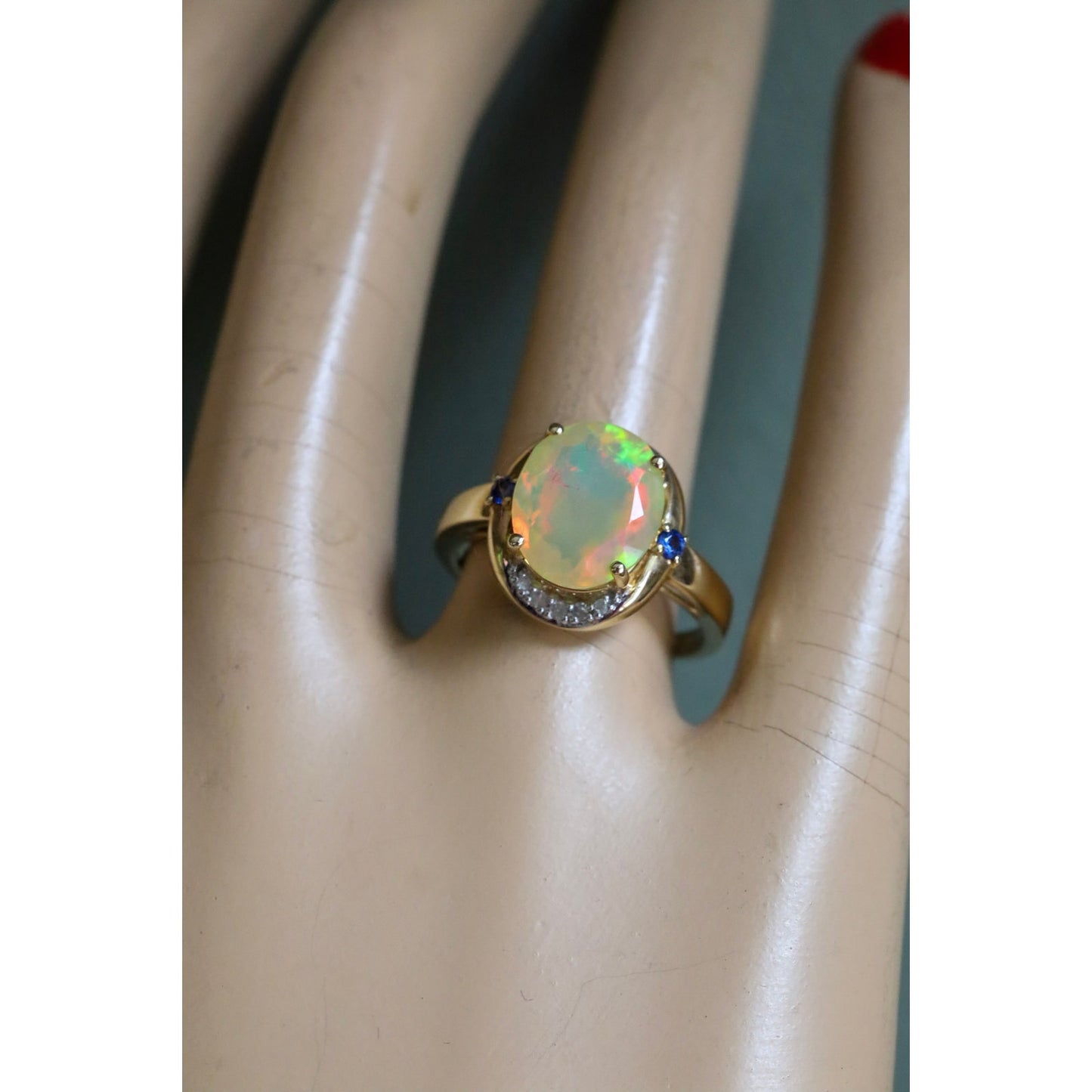 10K Yellow Gold Ethopian Opal Ring with Diamonds and Sapphires