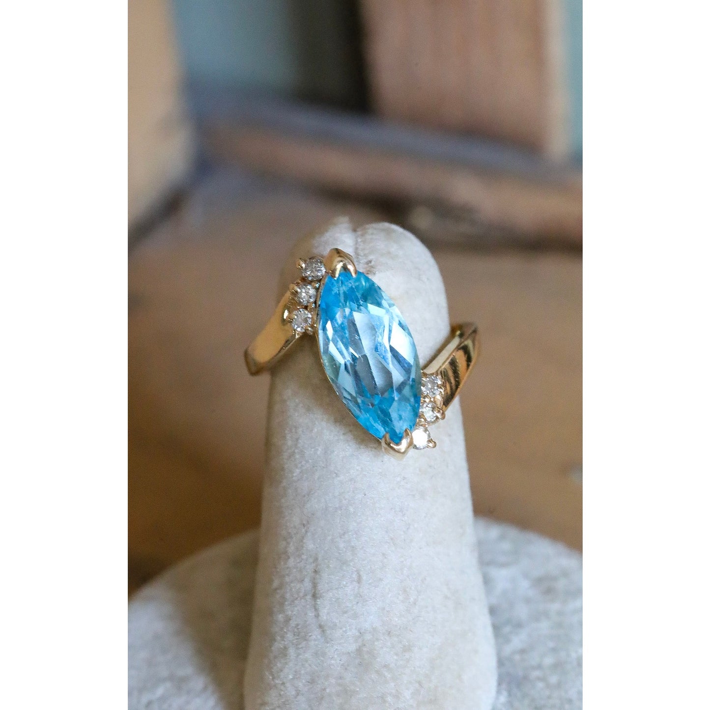 Vintage 10K Yellow Gold Marquis Cut Blue Topaz and Diamond Ring