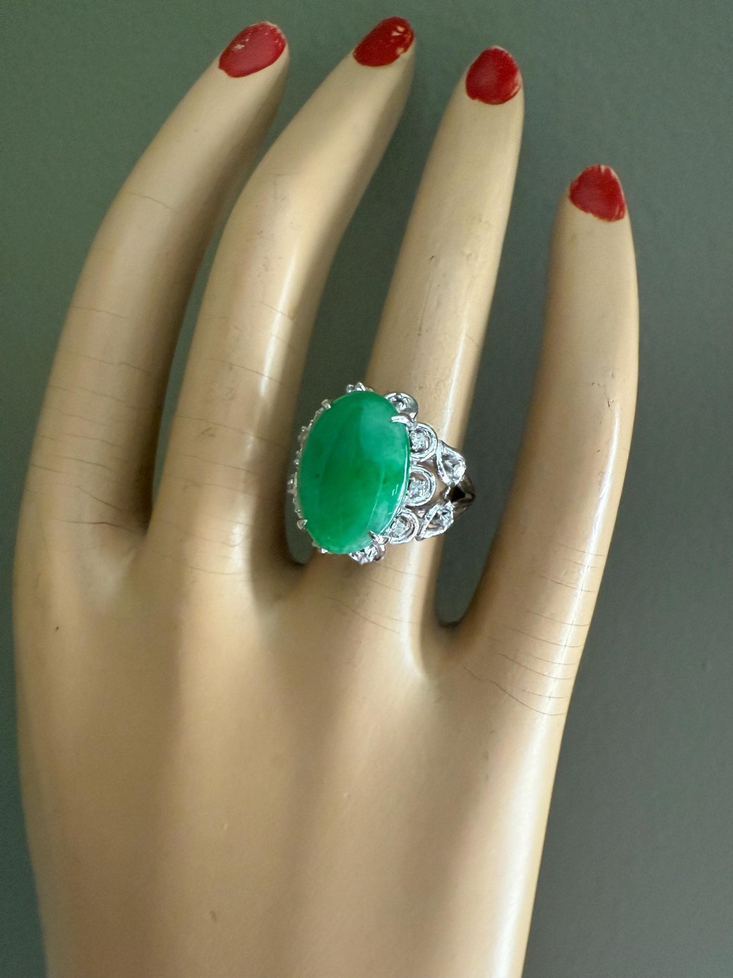 A GIA Certified Natural 8 Carat Plus Jadeite Jade Set in 14K White Gold Diamond Ring