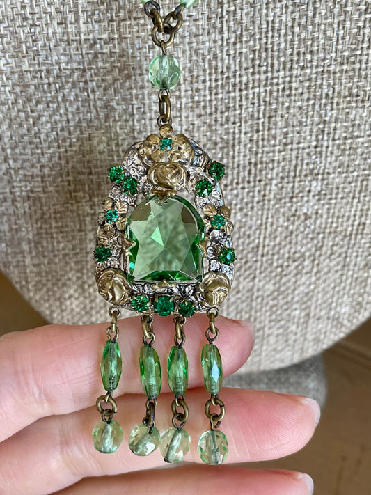 Czechoslovakia Bi-Color Lime Green Brass Dangle Necklace