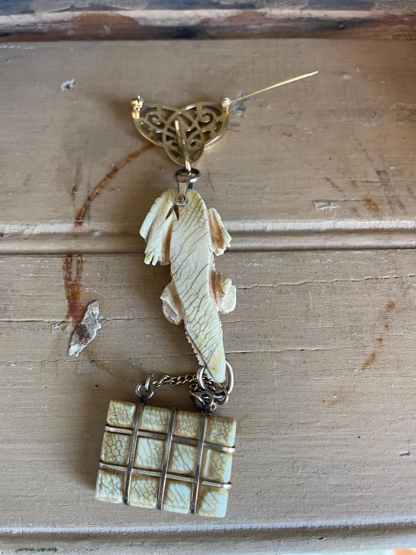Antique Trio of Victorian Alligator Watch Fob, Suitcase and Edwardian Pocket Watch Brooch
