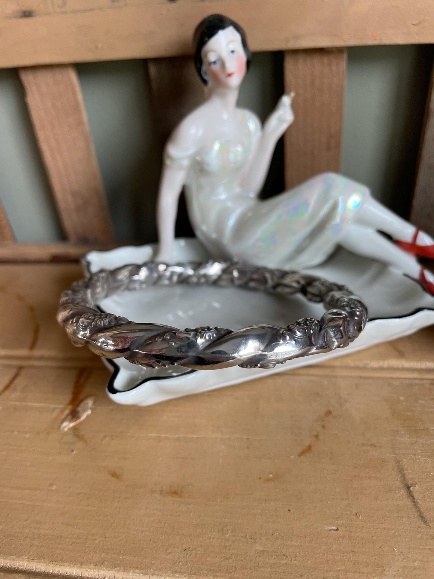 Antique Sterling Silver Repousse Bangle Baby Teether