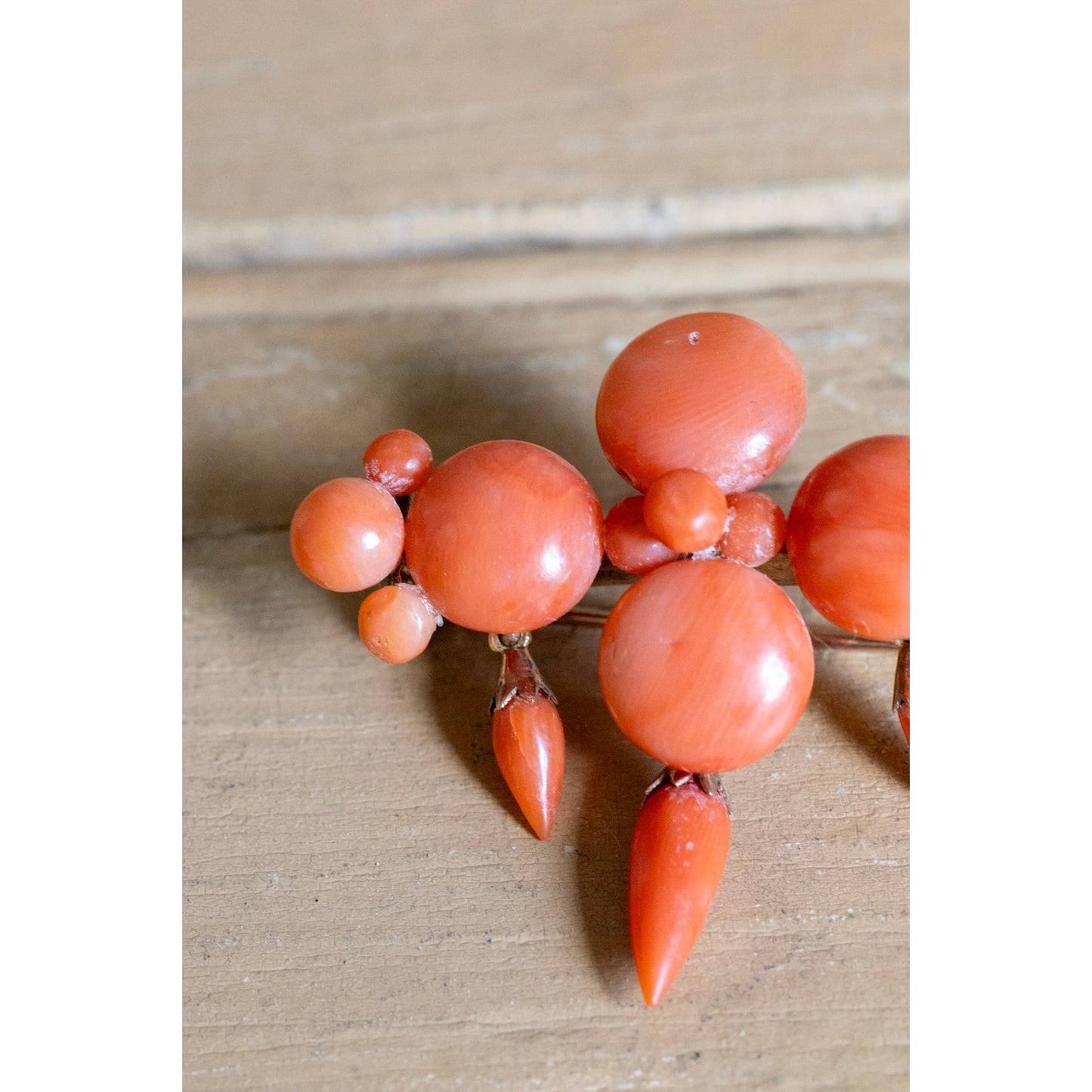 Antique Victorian Natural Untreated Coral Brooch With Hook in 10K Yellow Gold