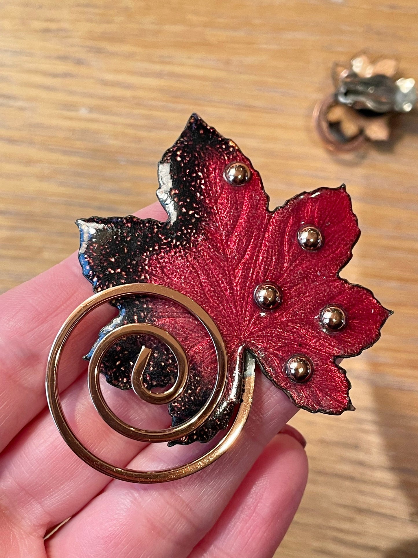 C1960 Matisse Enamel Copper Leaf Brooch and Clip Earrings