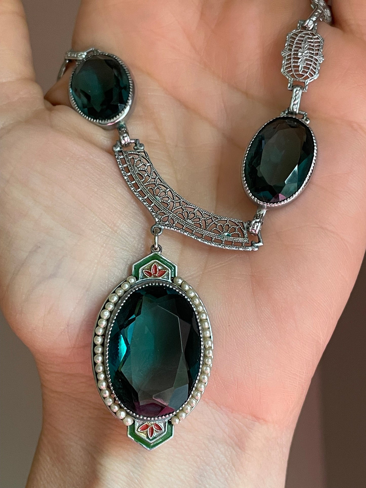 1930s Art Deco Necklace: Rhodium Plated Tourmaline Glass & Enamel