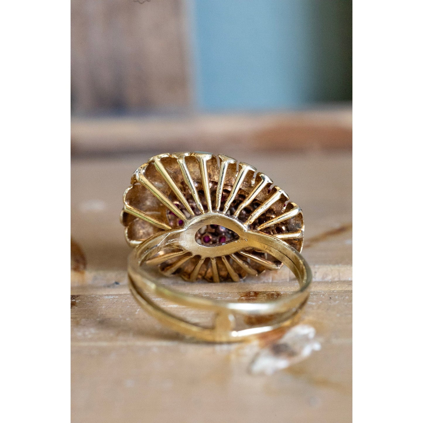 Mid Century 1950's 18K Yellow Gold Ruby Set Cocktail Ring