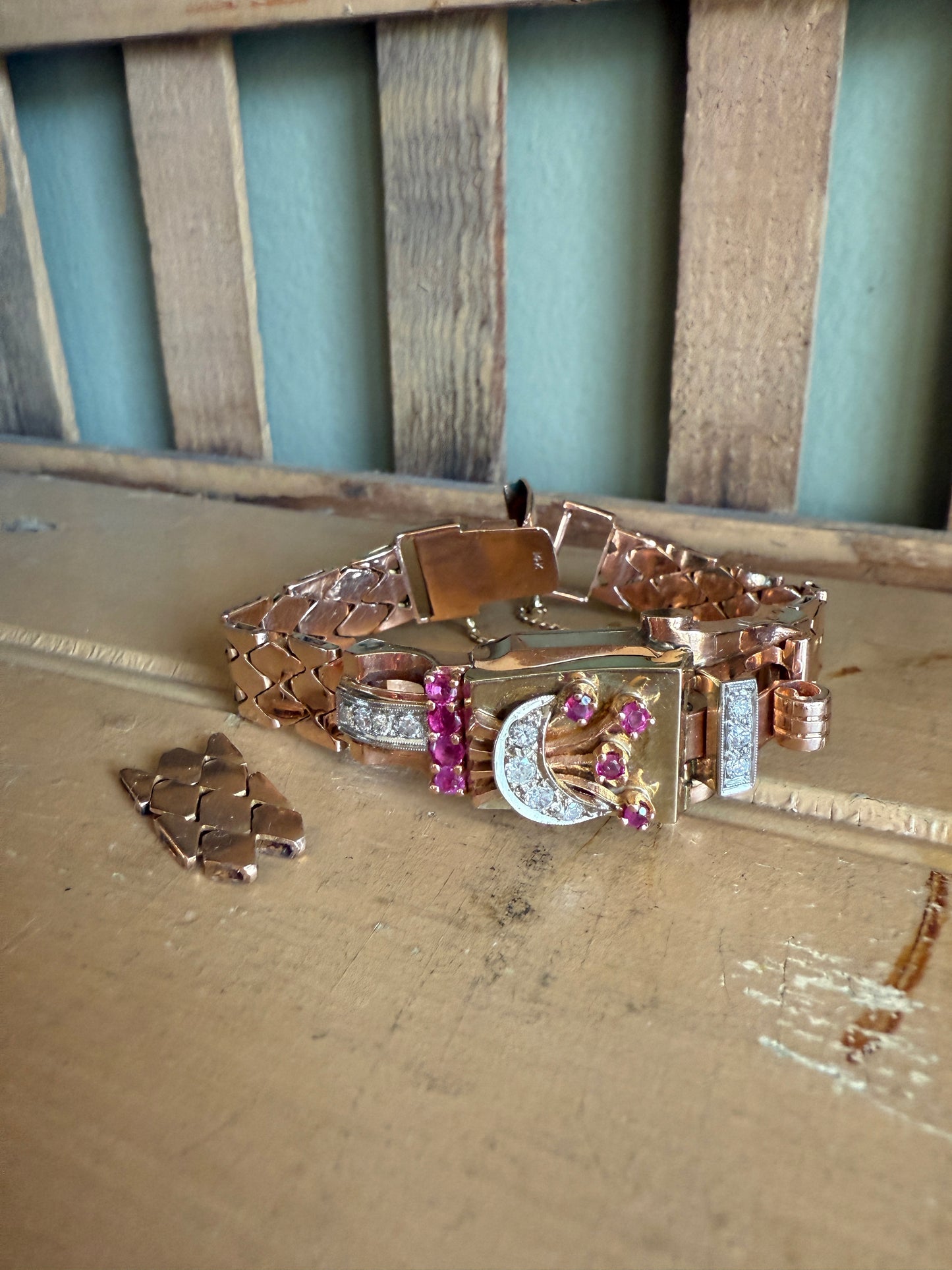 Vintage 1930’s 14K Rose, Green and White Gold Art Deco Ruby and Diamond Surprise Watch