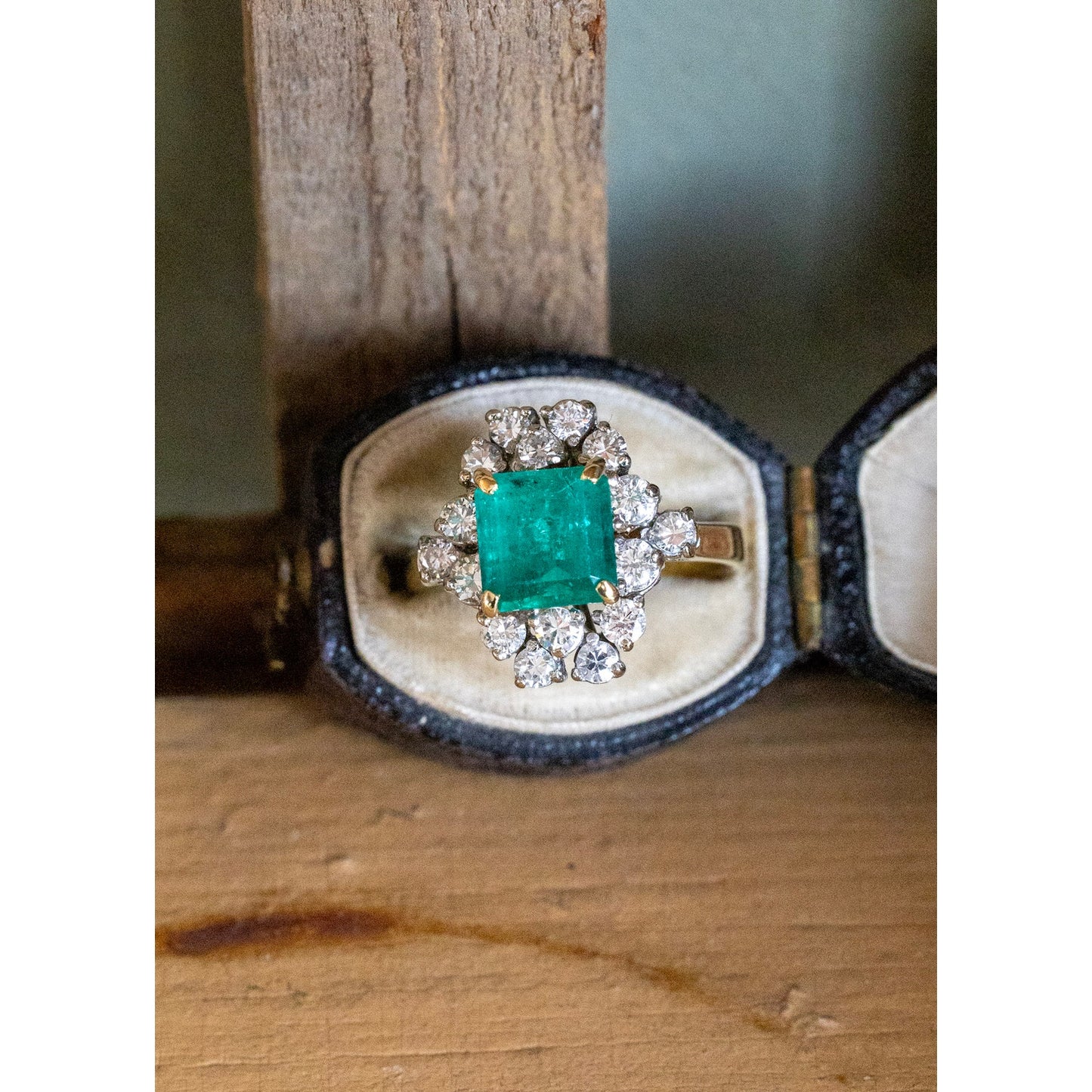 Vintage 18K Yellow Gold Custom Designed Natural Emerald and Diamond Ring