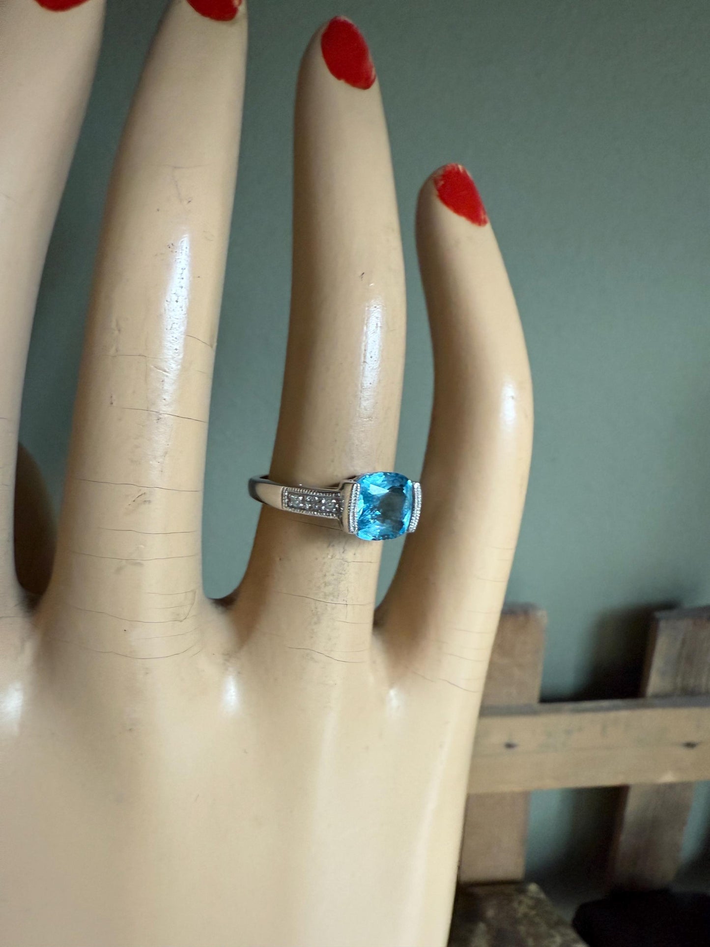 Vintage 10K White Gold Cushion Cut Blue Topaz and Diamond Ring
