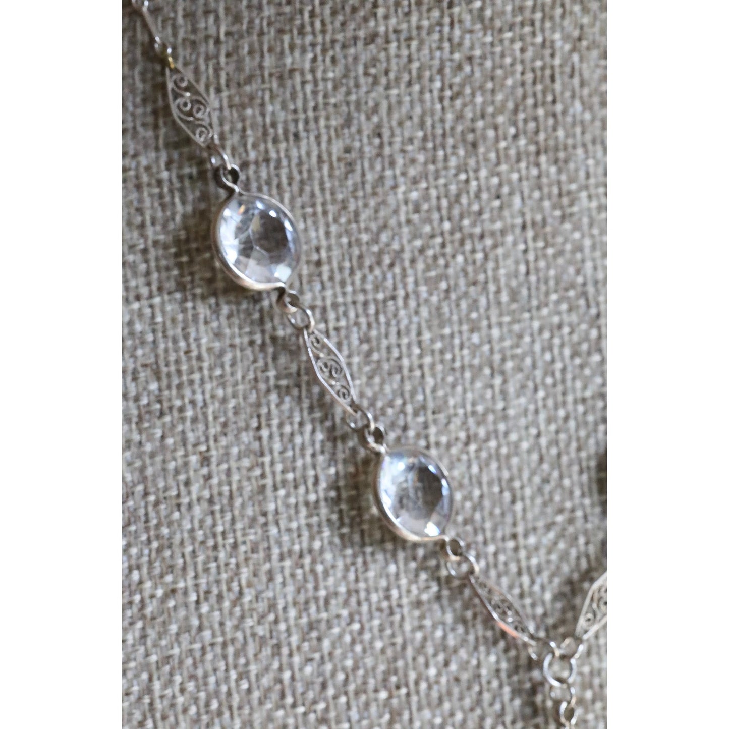 C1920 Rhodium Plated Art Deco Cut Crystal Dangle Necklace
