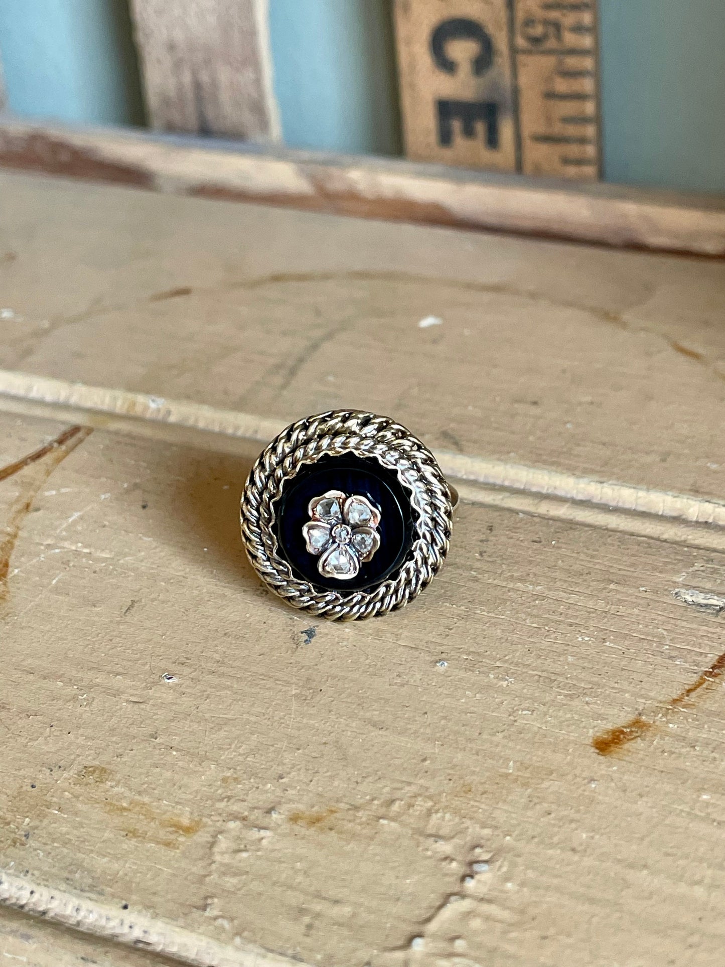 Antique Onyx Rose Cut Diamond Pansy Ring in 14K Yellow Gold