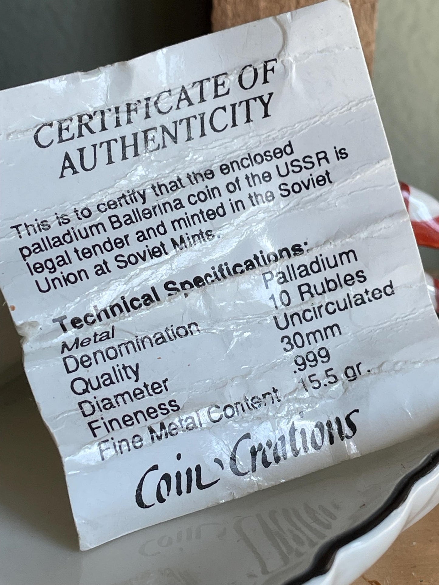 1991 1/2oz .999 Fine Palladium 10 Ruble Ballerina Coin Pendant