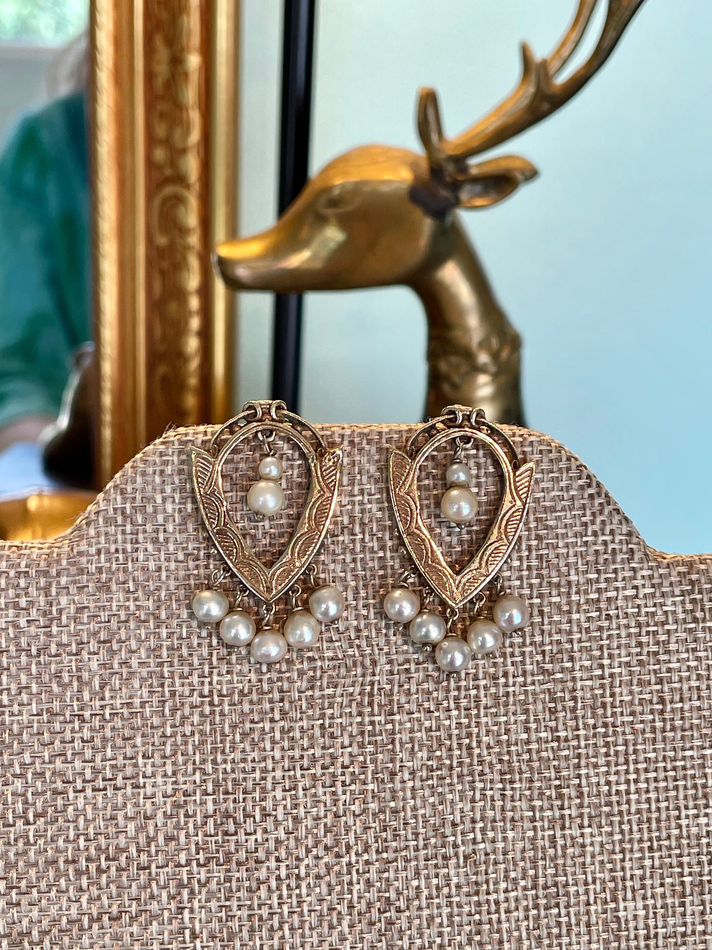Victorian Revival 10K Yellow Gold Mid Century Pearl Dangle Earrings
