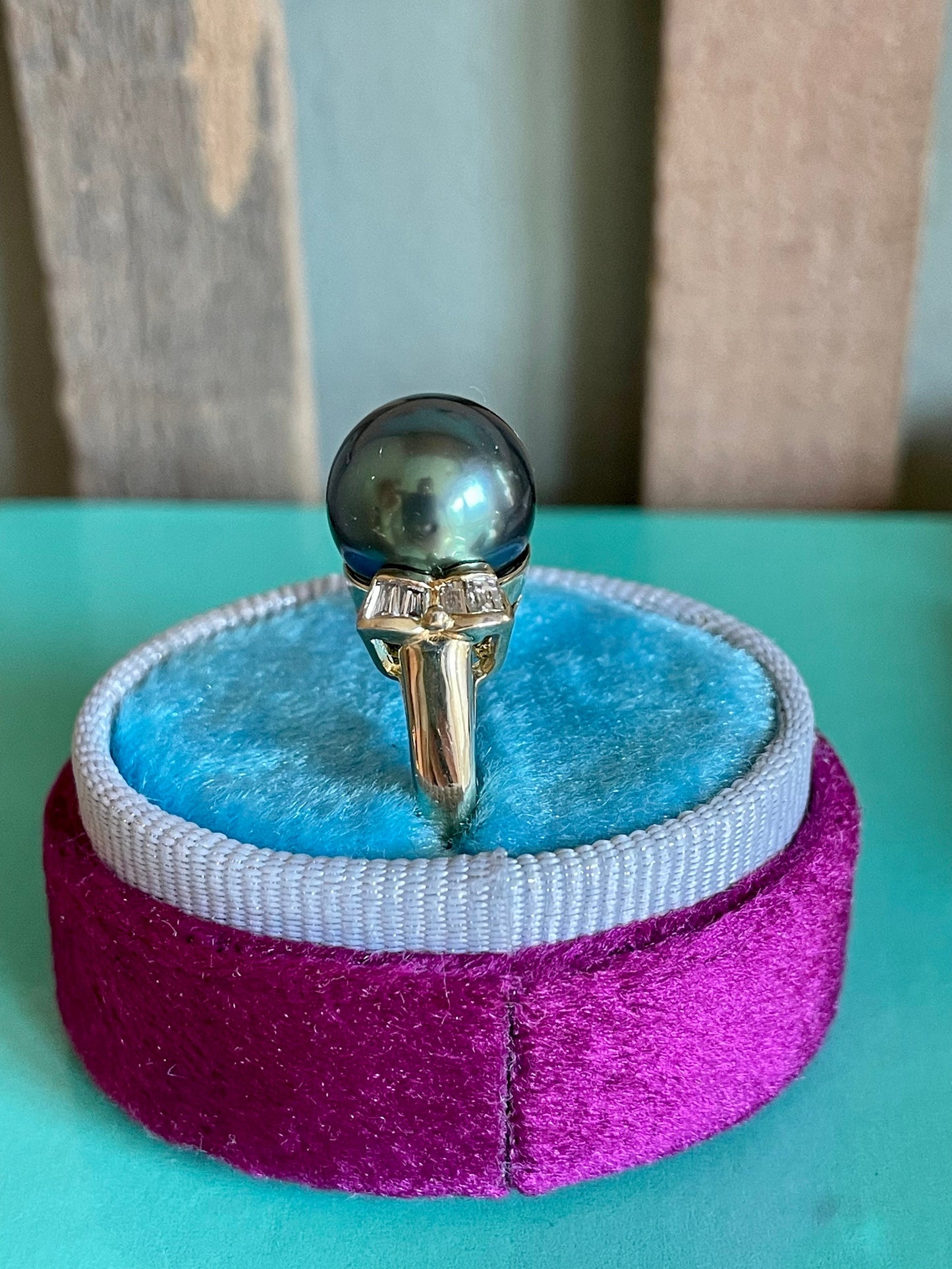 14K Yellow Gold 11mm Tahitian Pearl & Baguette Cut Diamond Ring