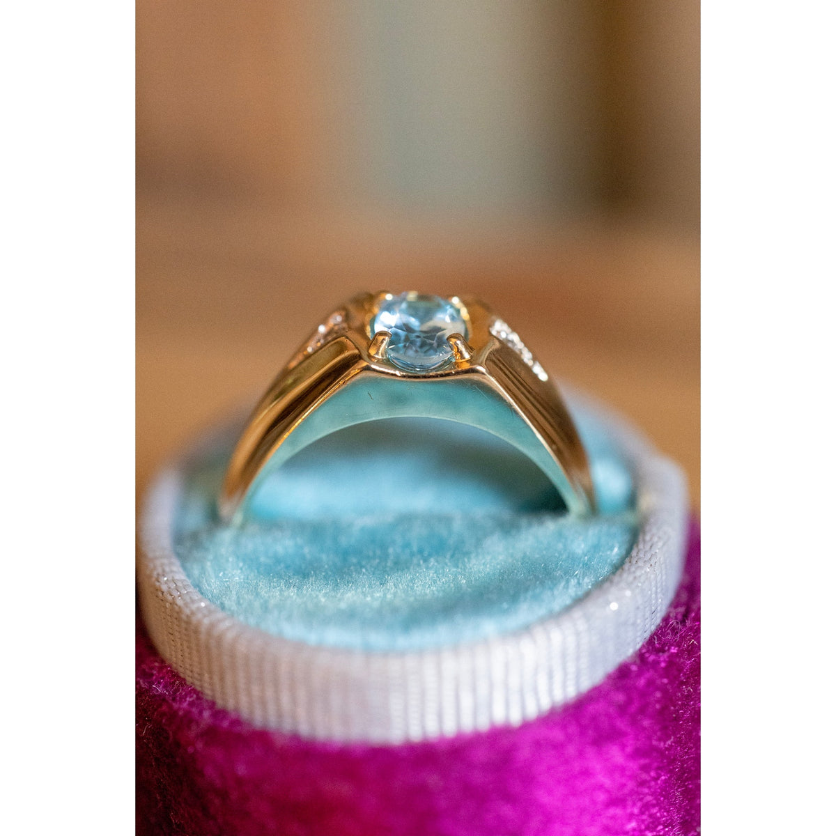 Vintage 14K Yellow Gold Oval Blue Topaz and Diamond Ring