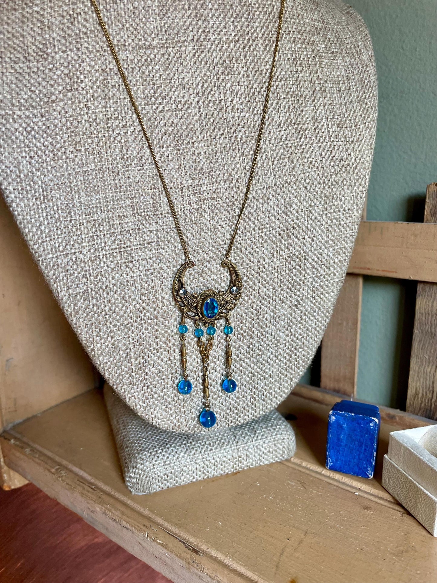 Antique Czechoslovakian Teal Glass Set Pendant in Crescent Moon with Pyrite Accents with Chain