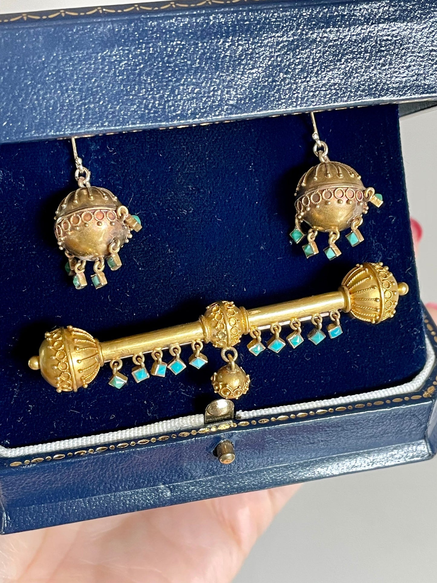 c1880 Demi Parure Victorian 14K Yellow Gold Turquoise Earrings and Brooch