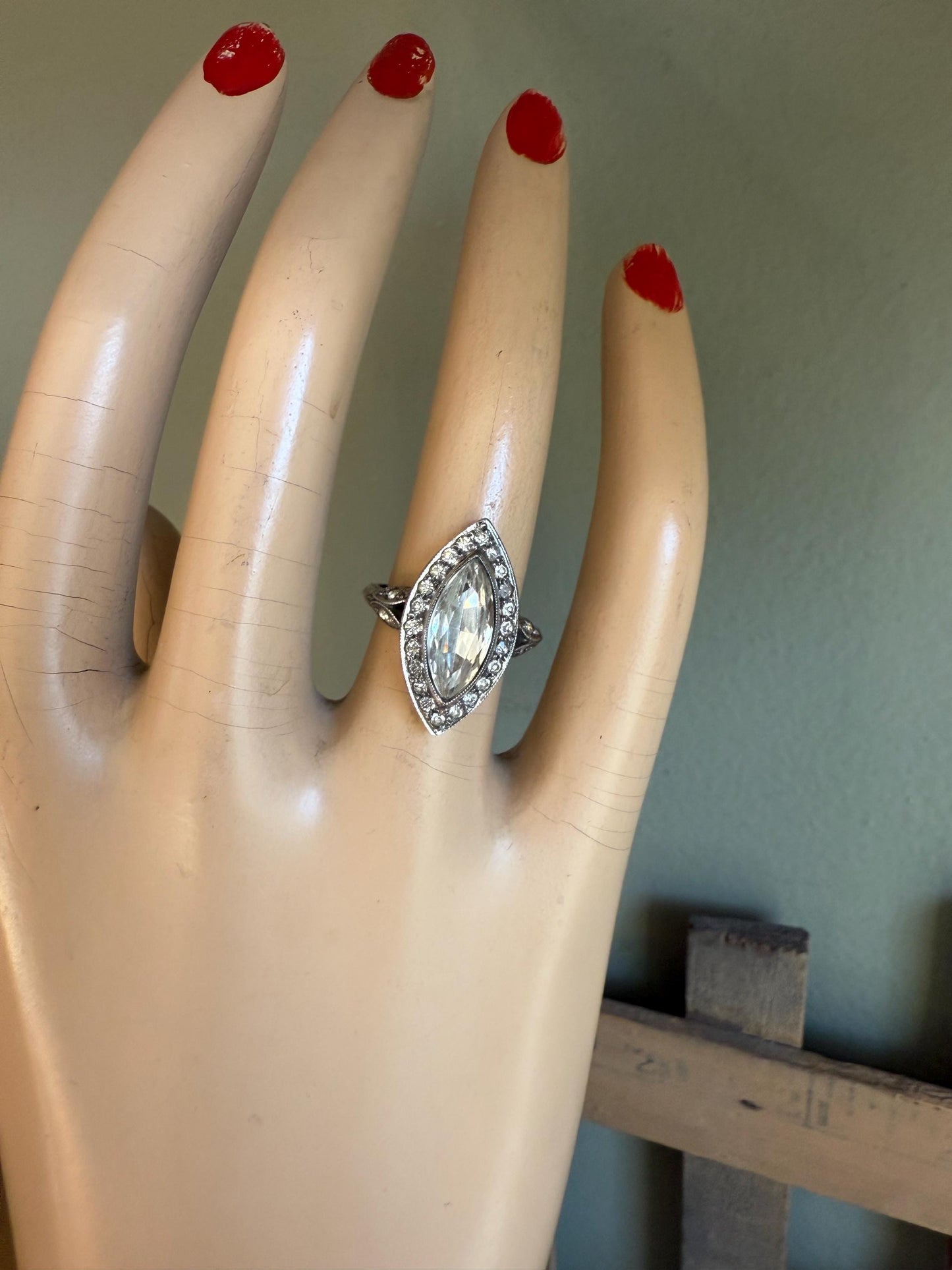 c1930 Vintage Art Deco Sterling Silver Marquis Shaped Crystal Ring