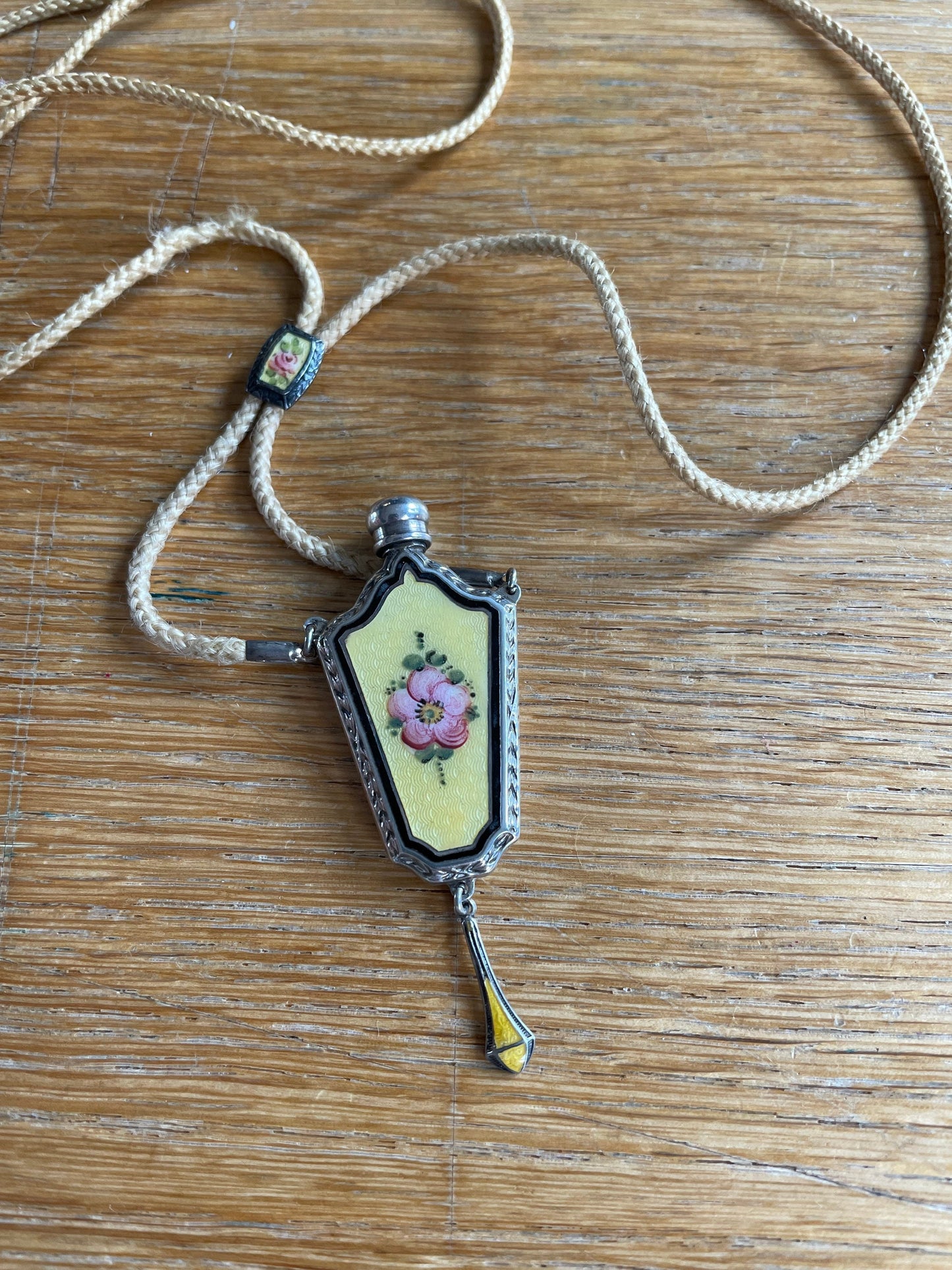 c1920-1930 Sterling Silver Guilloche Perfume Bottle on Original Braided Cord with Slide