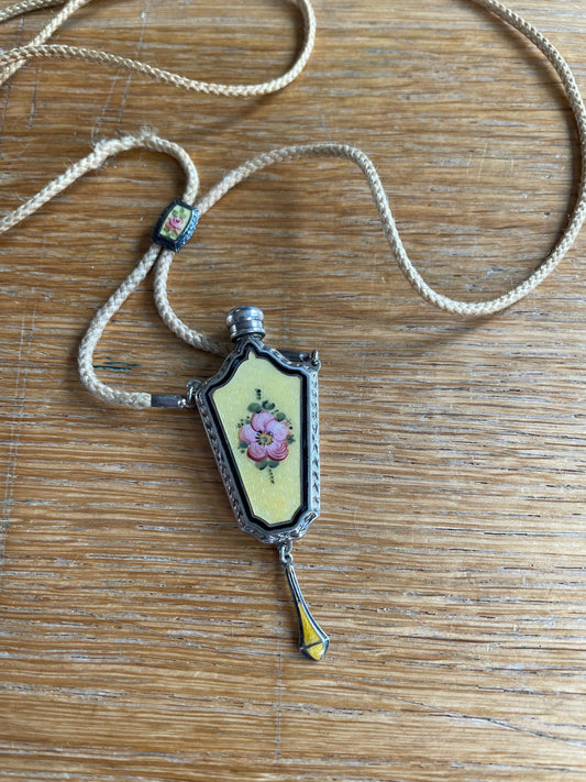 c1920-1930 Sterling Silver Guilloche Perfume Bottle on Original Braided Cord with Slide