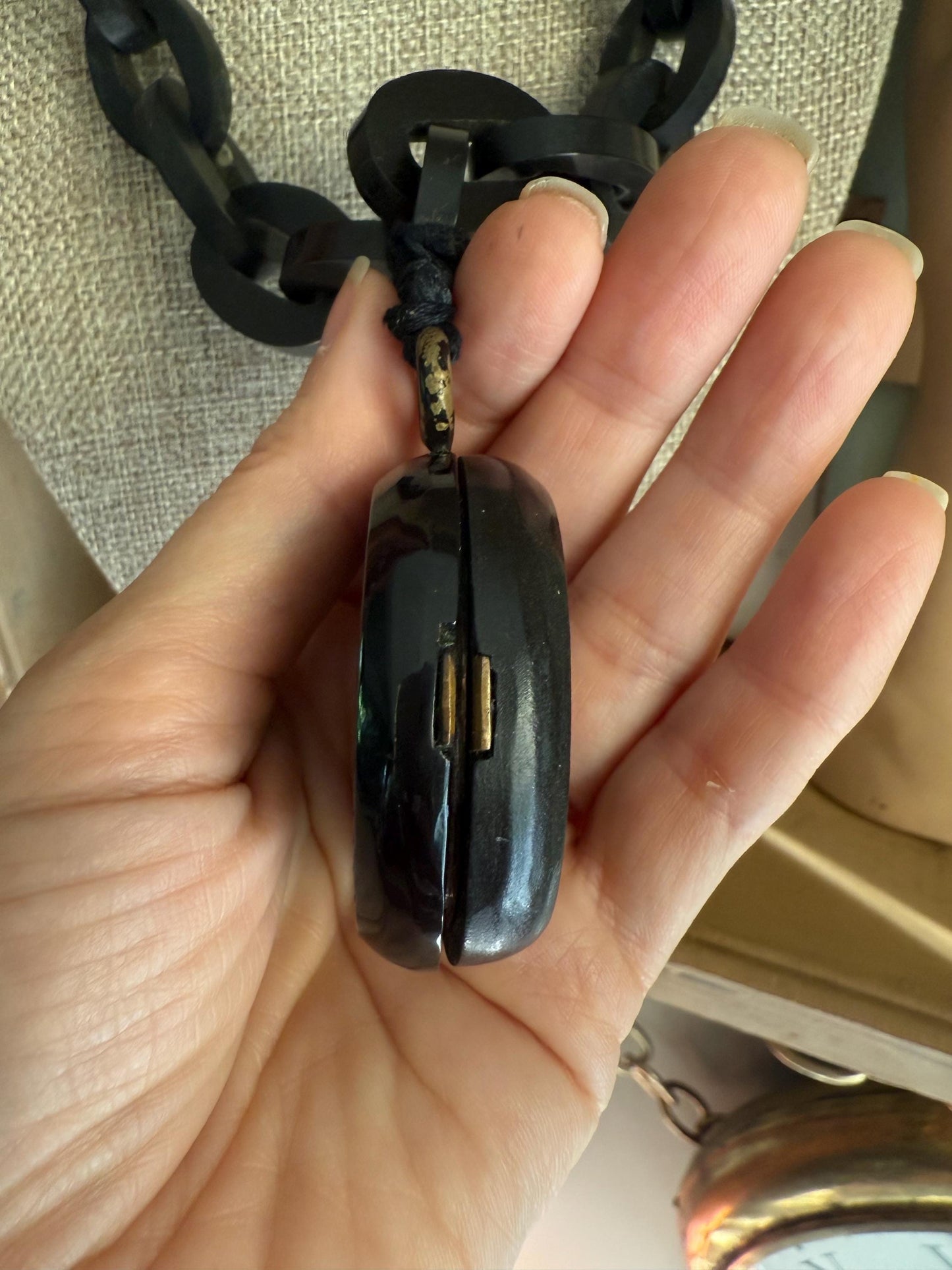 Antique Victorian Hand Carved Whitby Jet Huge Locket on Chain