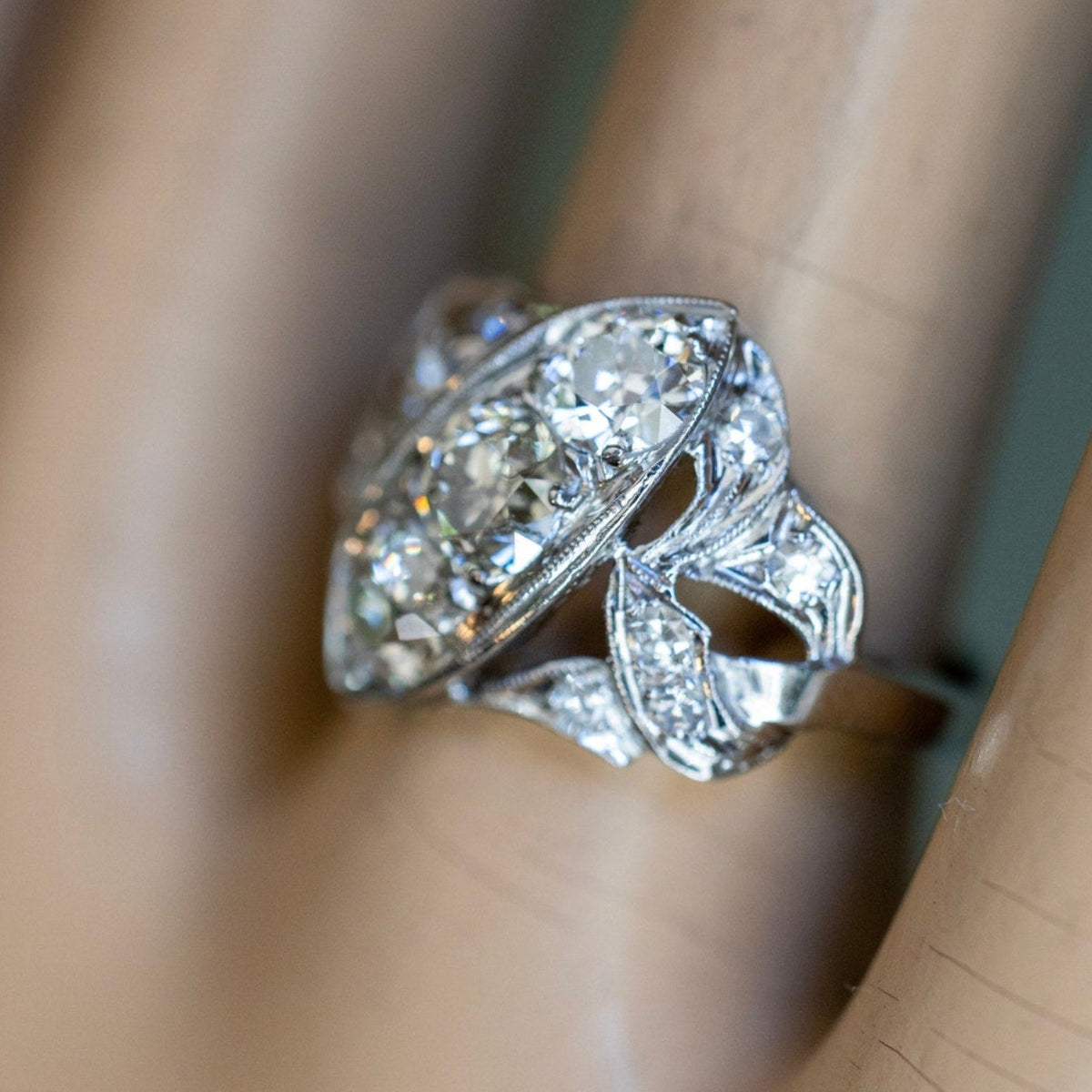 Vintage 14K White Gold Mine Cut and Old European Cut Natural Diamond Ring
