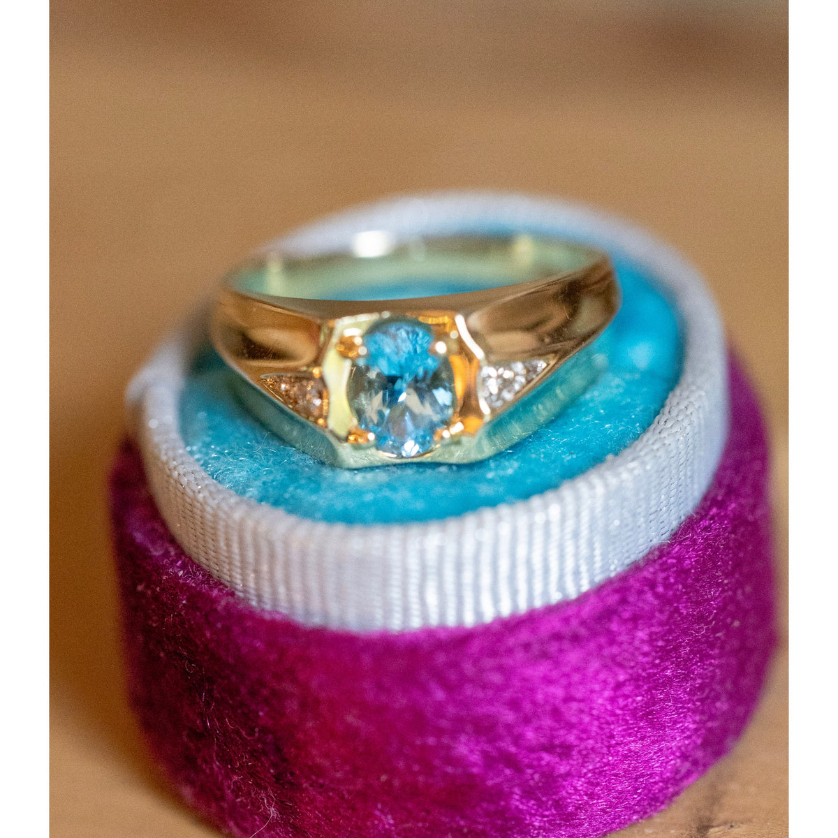 Vintage 14K Yellow Gold Oval Blue Topaz and Diamond Ring
