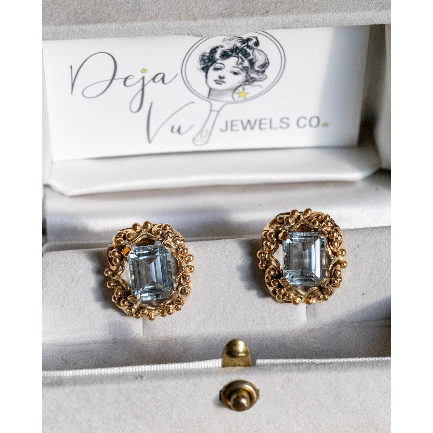Vintage Solid 14K Yellow Gold Emerald Cut Aquamarine Earrings