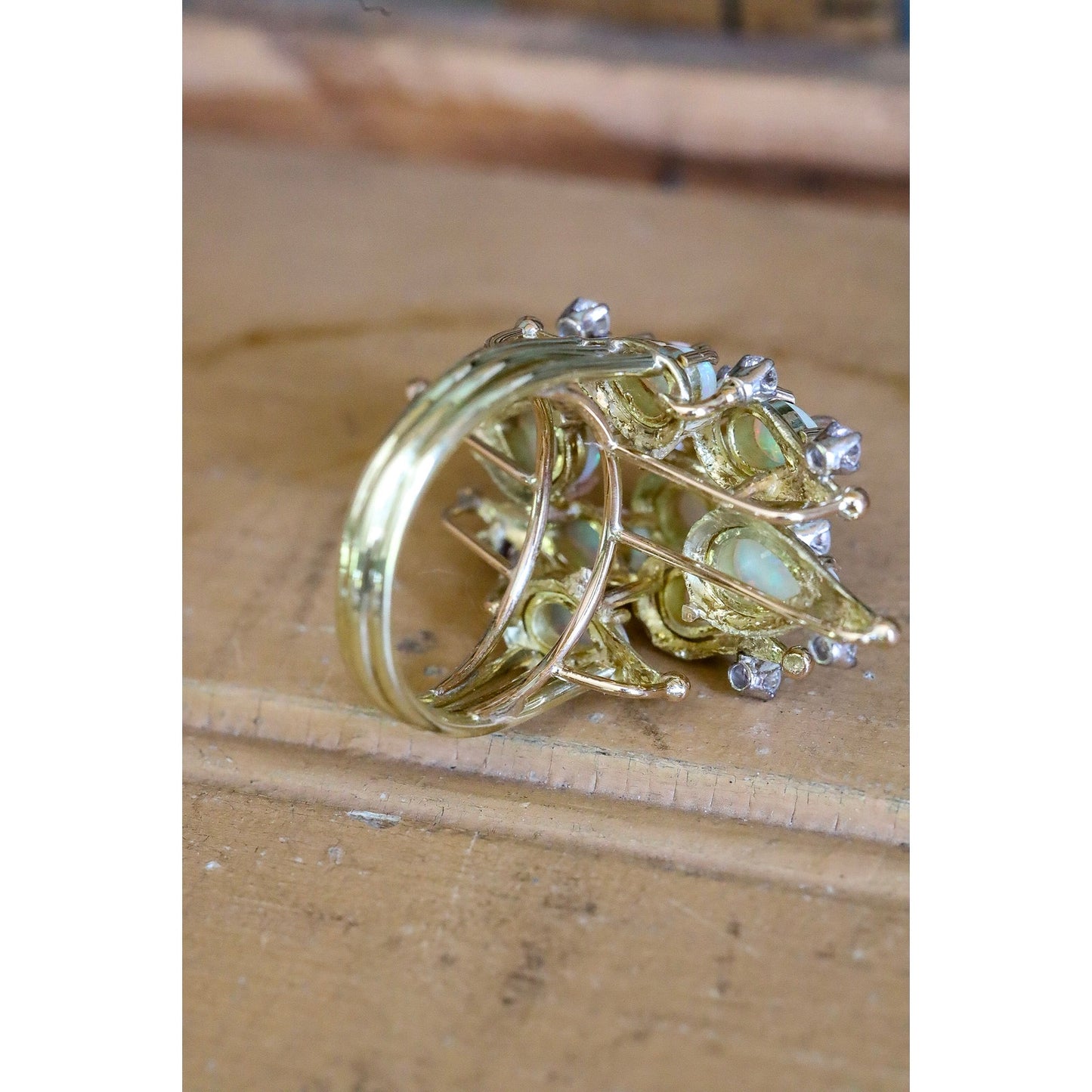 A Fine 1960's Jack Gutschneider 14K Opal and Diamond Cocktail Ring