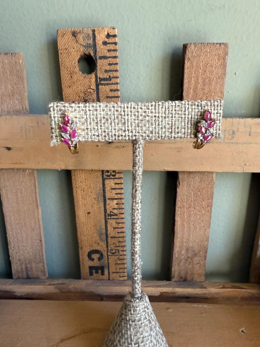 Vintage 1980 14K Yellow Gold Ruby and Diamond Earrings Half Hoops