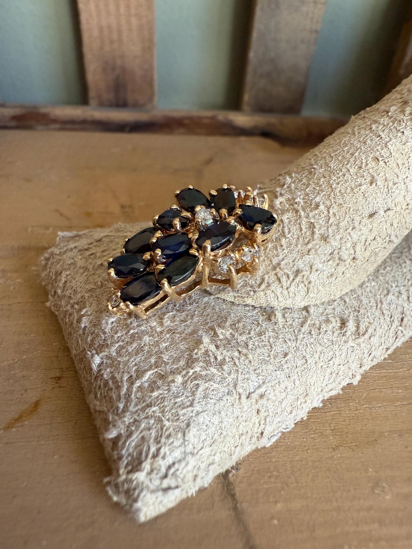 14K Yellow Gold Oval Sapphire and Diamond Vintage Pendant