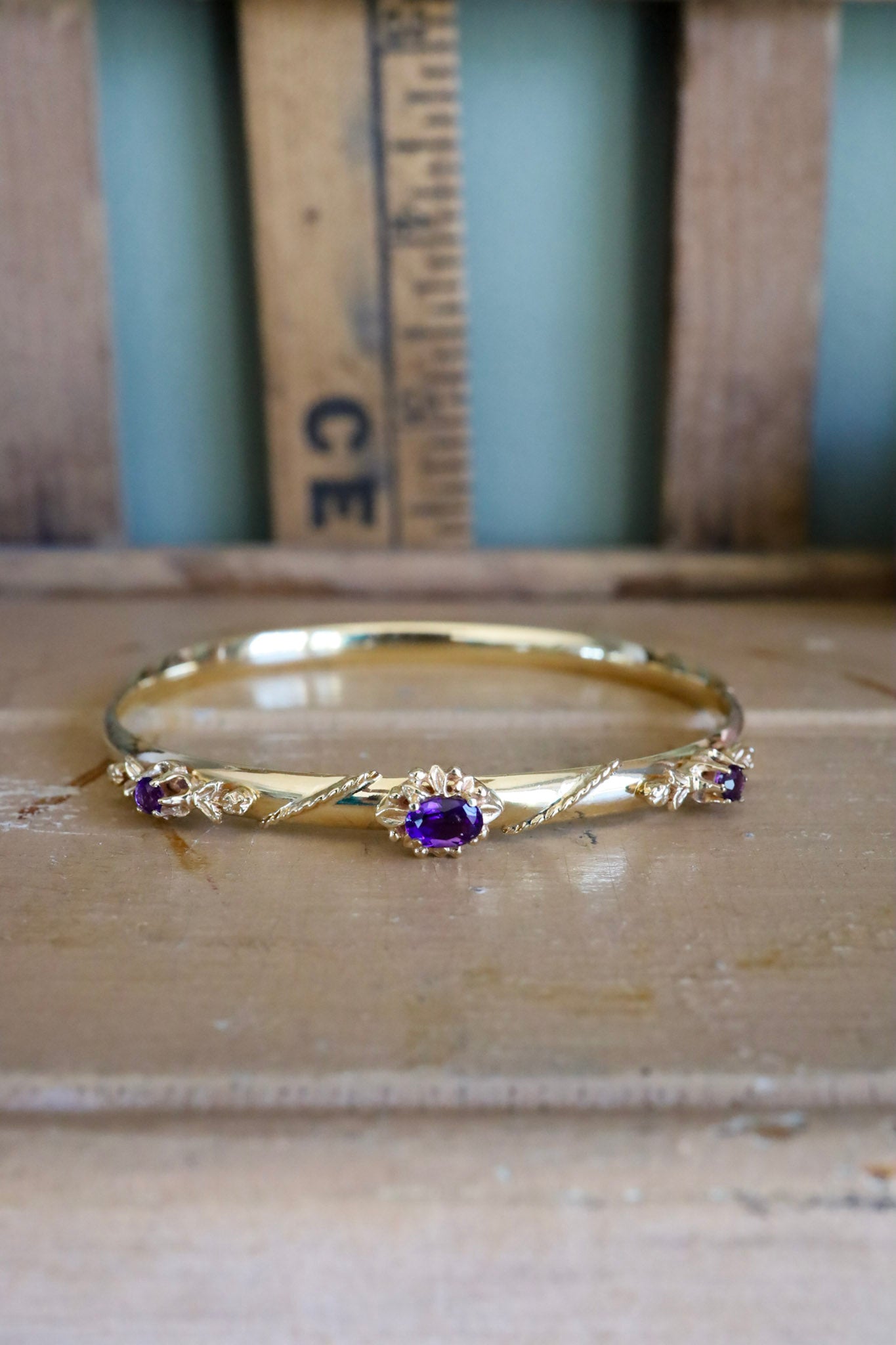 14K Yellow Gold Victorian Revival Amethyst Bracelet Bangle
