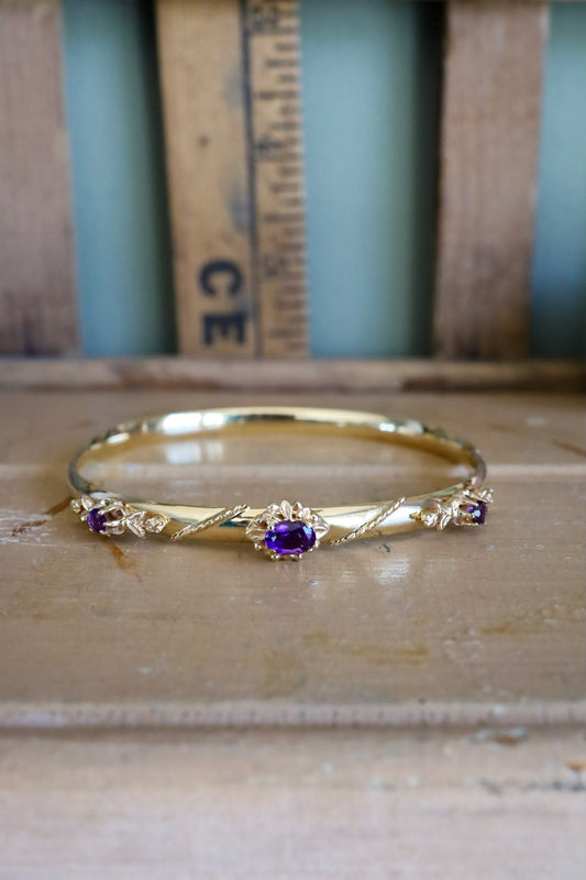 14K Yellow Gold Victorian Revival Amethyst Bracelet Bangle